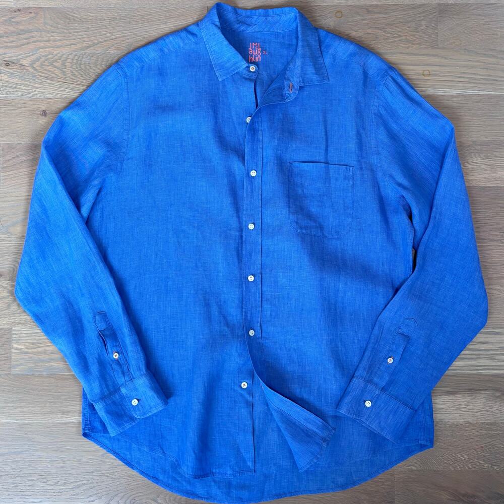 J. McLaughlin 100% Linen Shirt Button Up Classic Fit Blue Mens Size XL